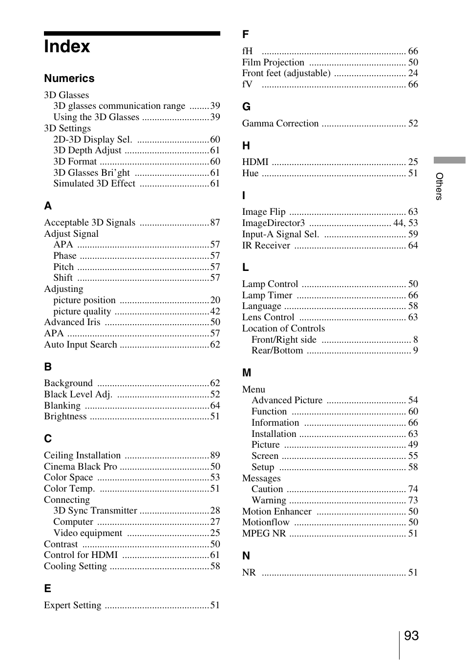 Index | Sony VPL-VW95ES User Manual | Page 93 / 95