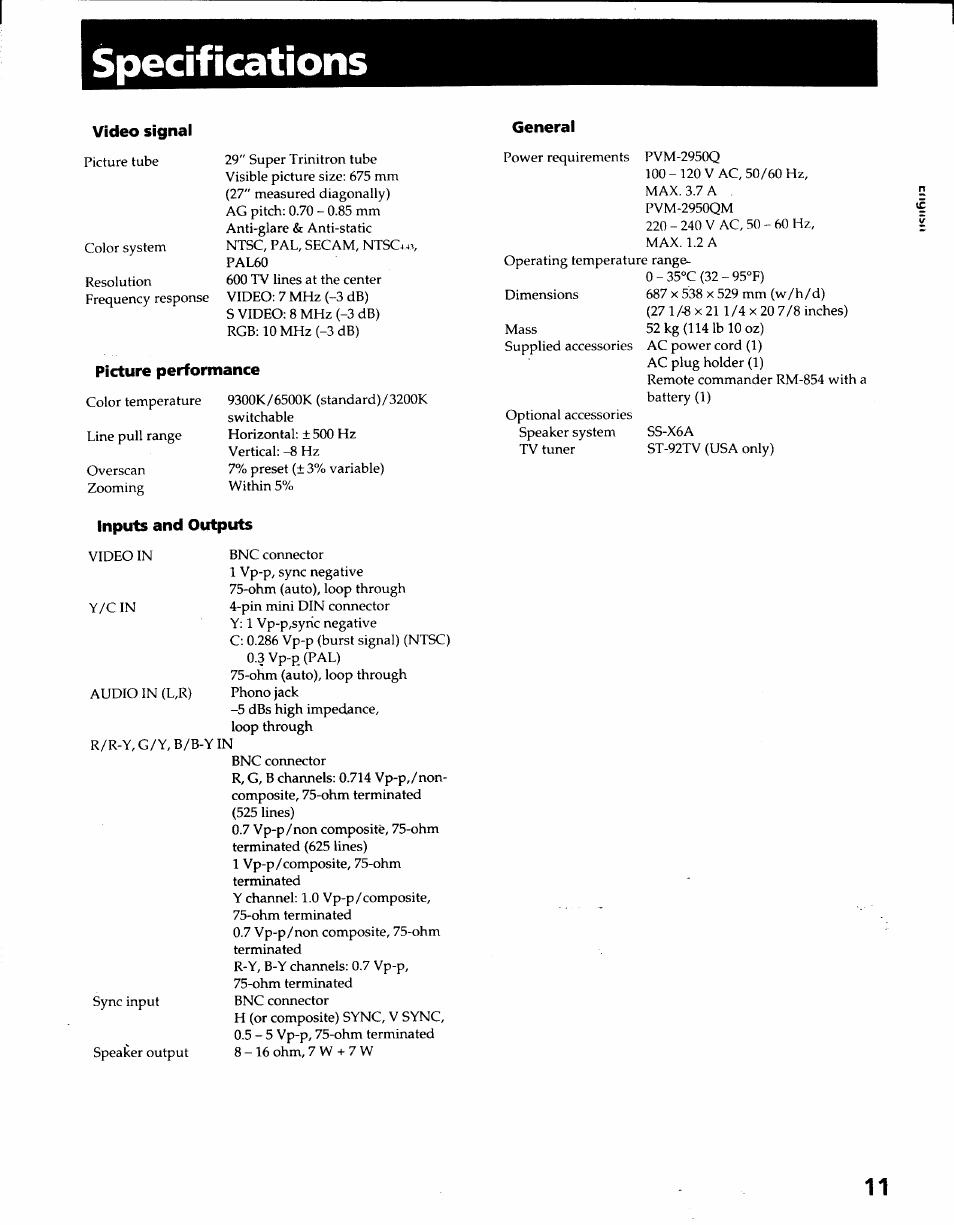 Specifications, Video signal, Picture performance | General, Inputs and outputs | Sony PVM-2950Q User Manual | Page 11 / 11