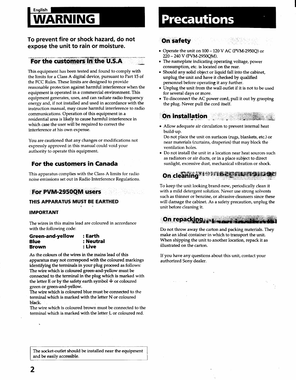 Precautions, For the customers in the u.s.a, For the customers in canada | Green-and-yellow : earth, Blue : neutral, Brown : live, On safety, On installation, On cieaning, On repacly|ig | Sony PVM-2950Q User Manual | Page 2 / 11