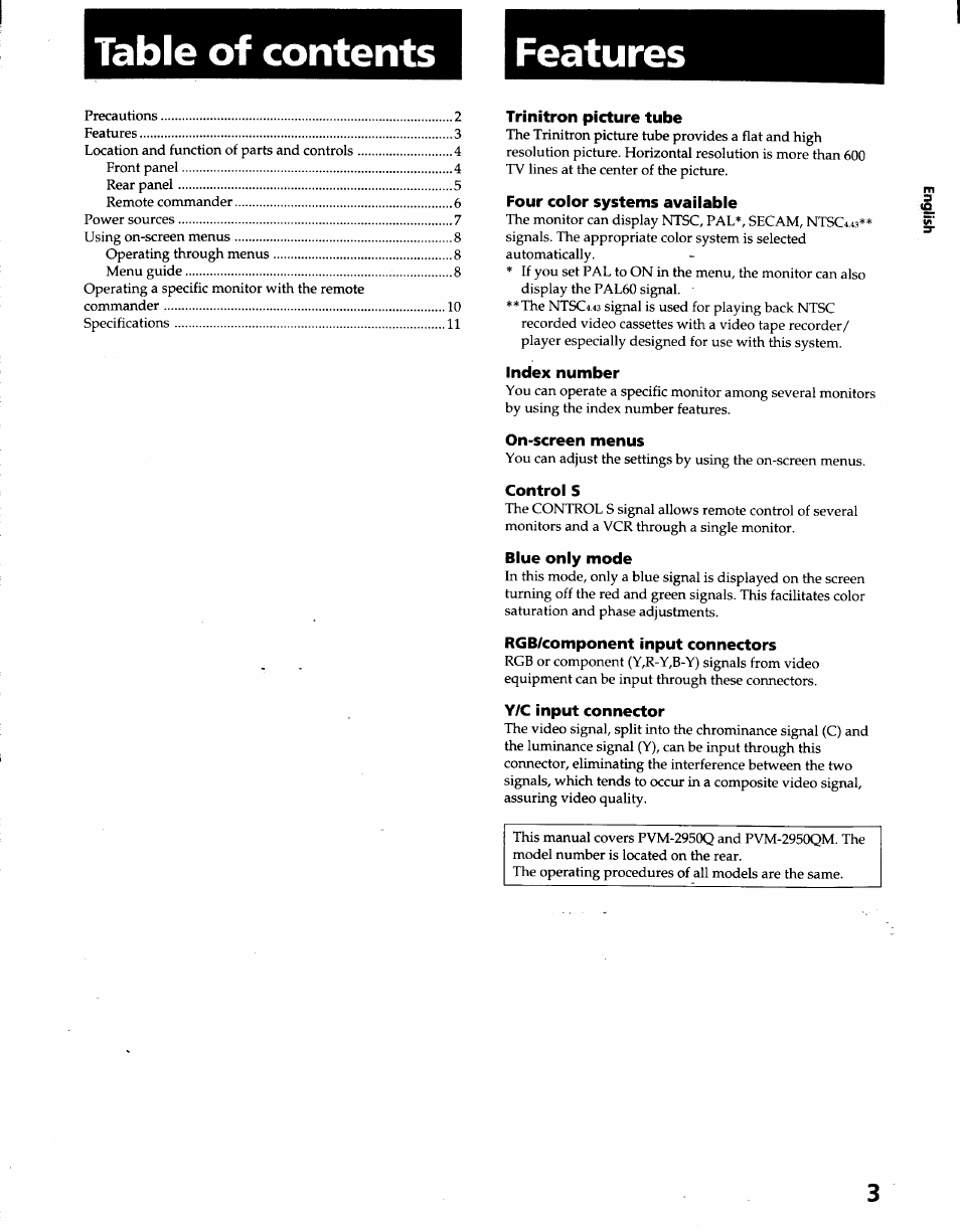 Table of contents ■ features, Trinitron picture tube, Four color systems available | Index number, On-screen menus, Control s, Blue only mode, Rgb/component input connectors, Y/c input connector | Sony PVM-2950Q User Manual | Page 3 / 11