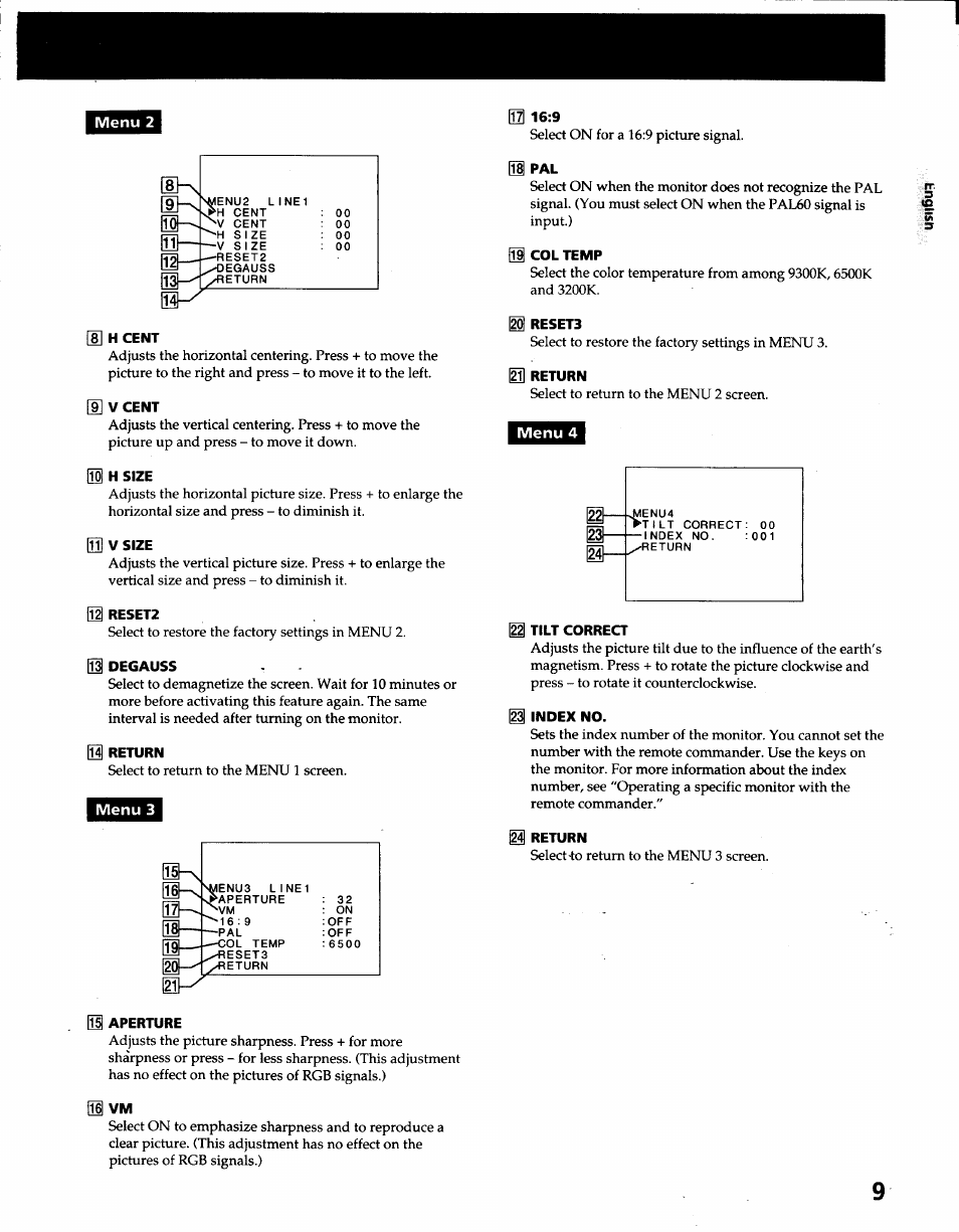 Menu 2, 8] h cent, 9] v cent | Qs h size, M v size, In reset2, M degauss, Ie return, Menu 3, Col temp | Sony PVM-2950Q User Manual | Page 9 / 11