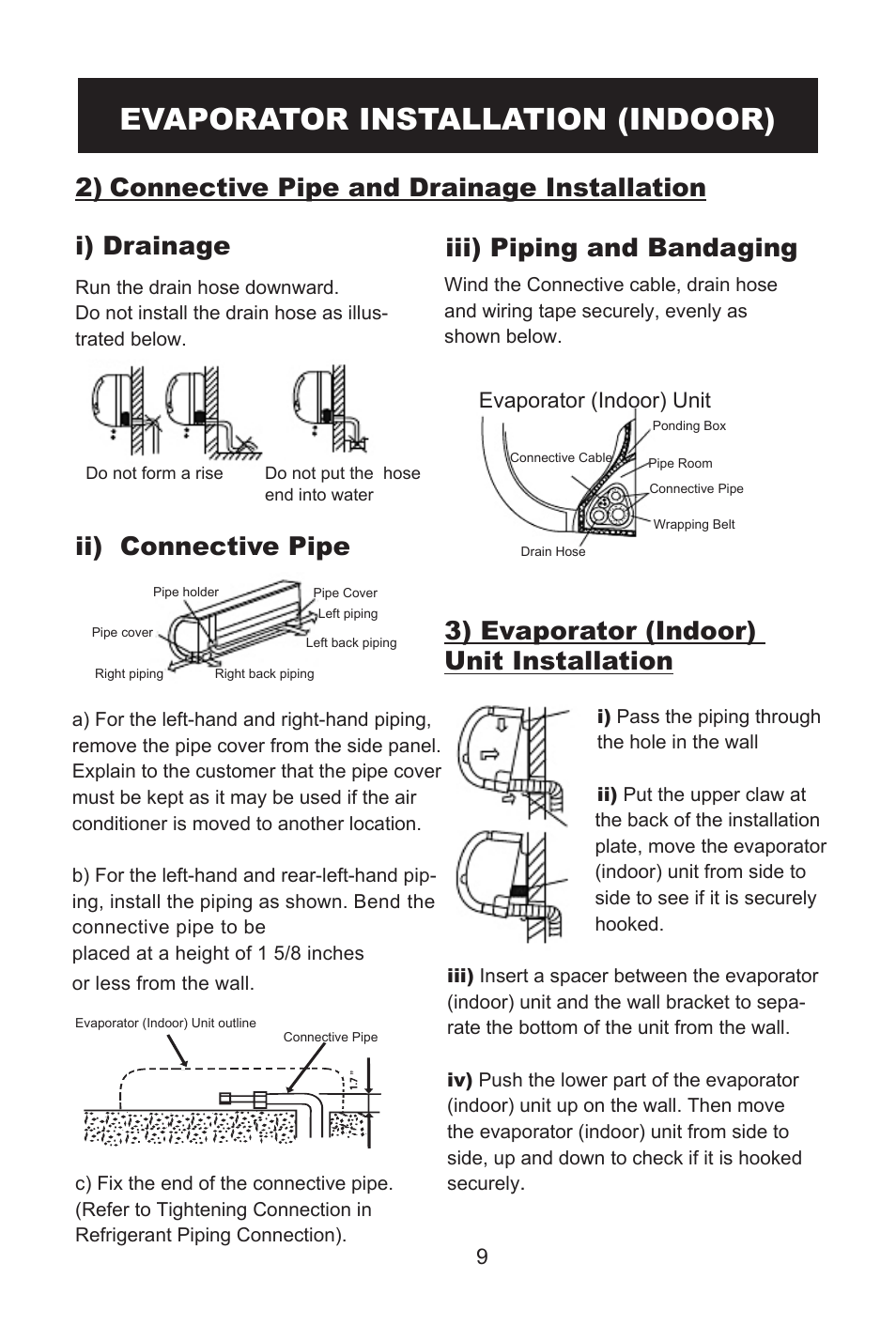 Evaporator installation (indoor), I) drainage, Ii) connective pipe | 2) connective pipe and drainage installation, Iii) piping and bandaging, 3) evaporator (indoor) unit installation, Evaporator (indoor) unit | Alen AMS12 12000 BTU AND 13.5 SEER User Manual | Page 10 / 16