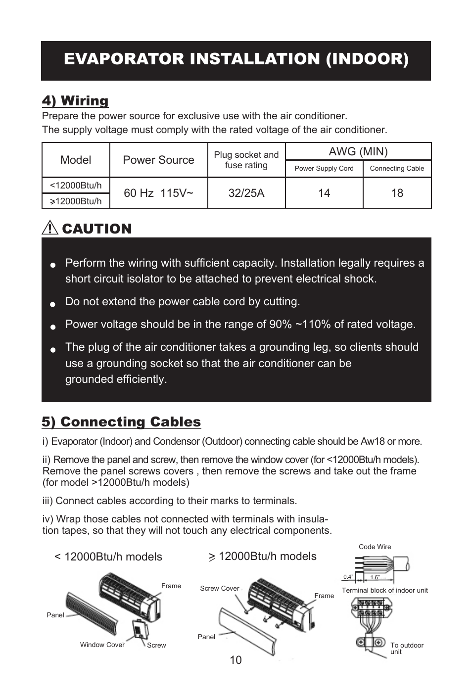 Evaporator installation (indoor), Caution, 4) wiring | 5) connecting cables, Model power source, Awg (min) | Alen AMS12 12000 BTU AND 13.5 SEER User Manual | Page 11 / 16