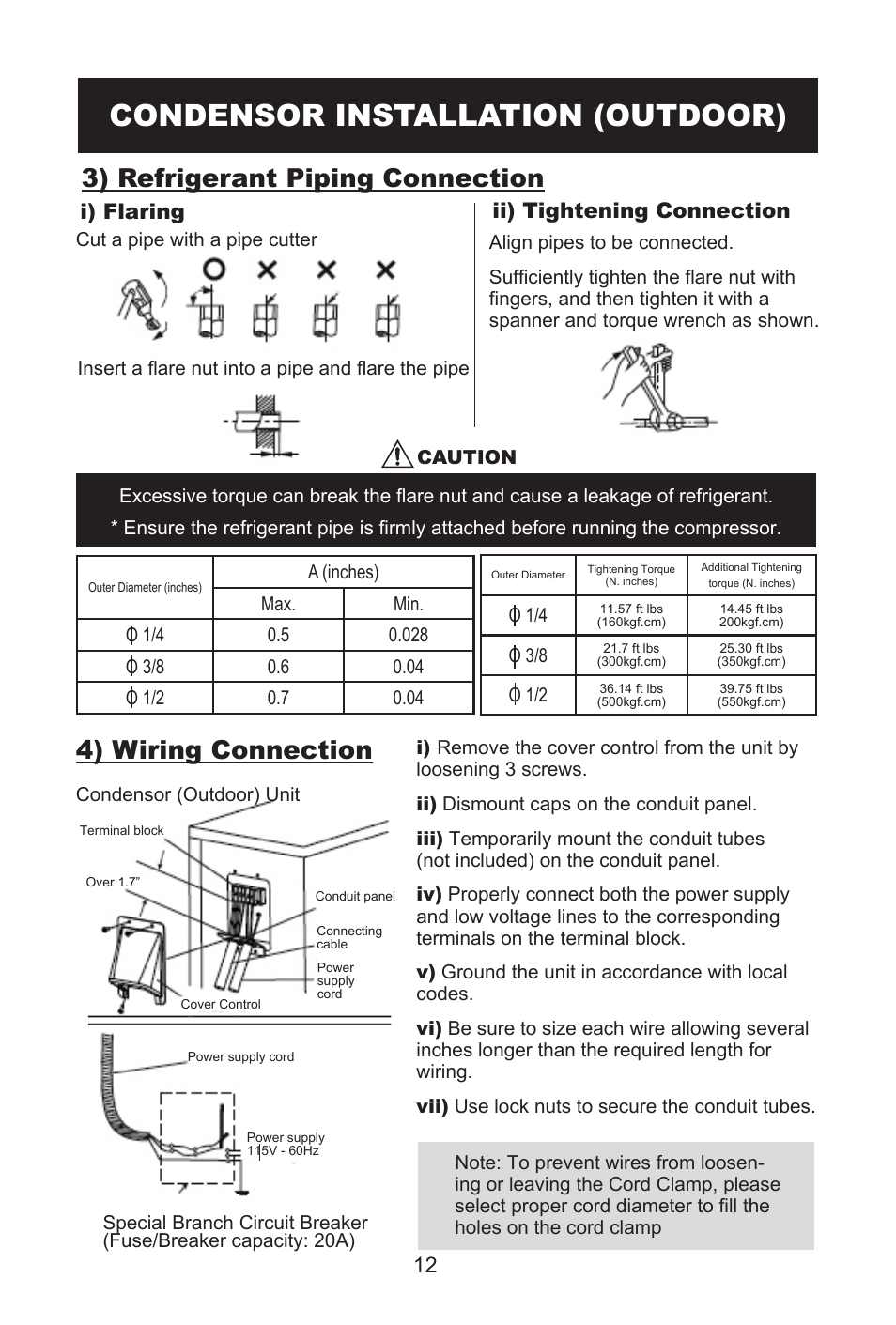 Condensor installation (outdoor), 3) refrigerant piping connection, 4) wiring connection | I) flaring ii) tightening connection | Alen AMS12 12000 BTU AND 13.5 SEER User Manual | Page 13 / 16