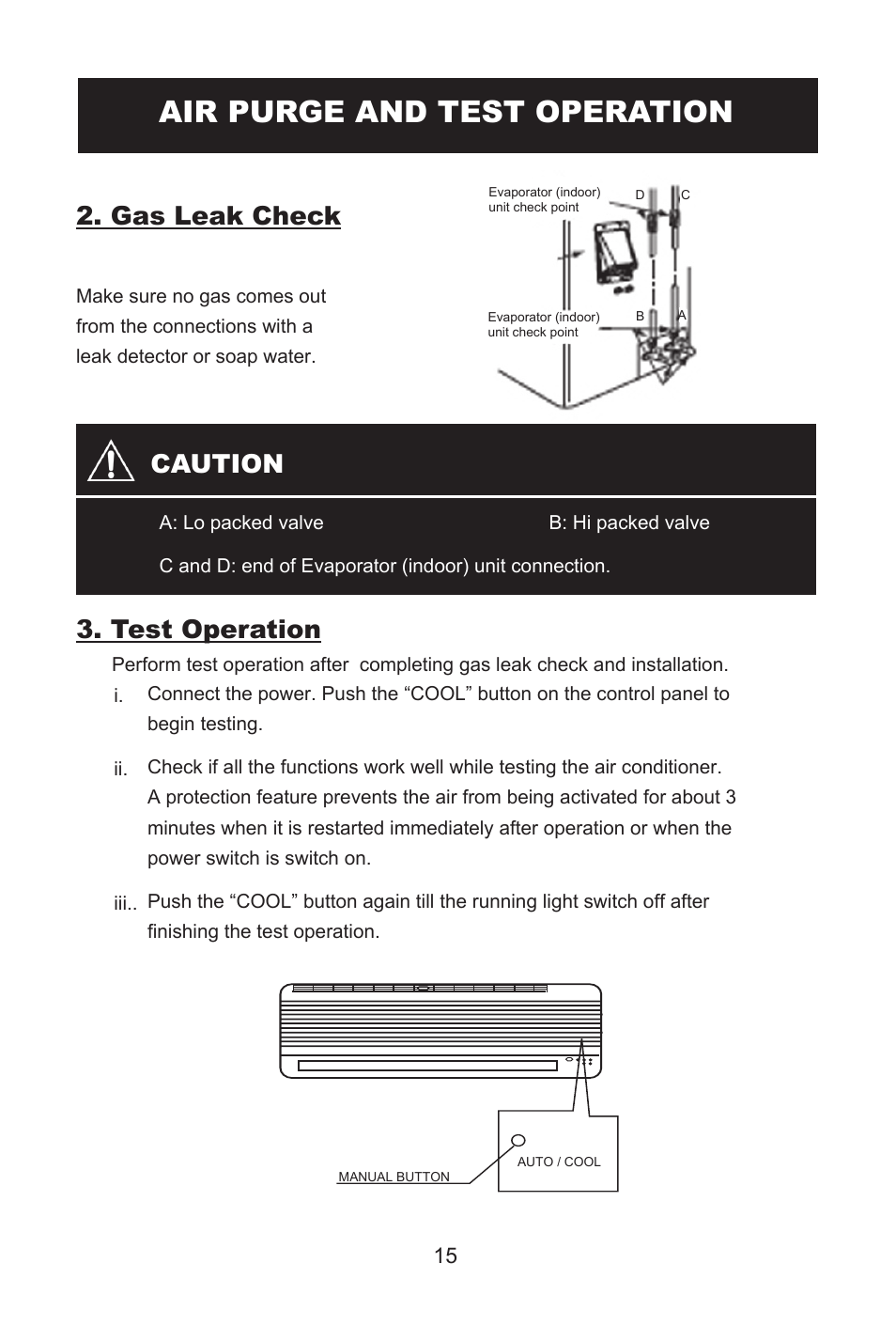 Air purge and test operation, Gas leak check, Caution | Test operation | Alen AMS12 12000 BTU AND 13.5 SEER User Manual | Page 16 / 16