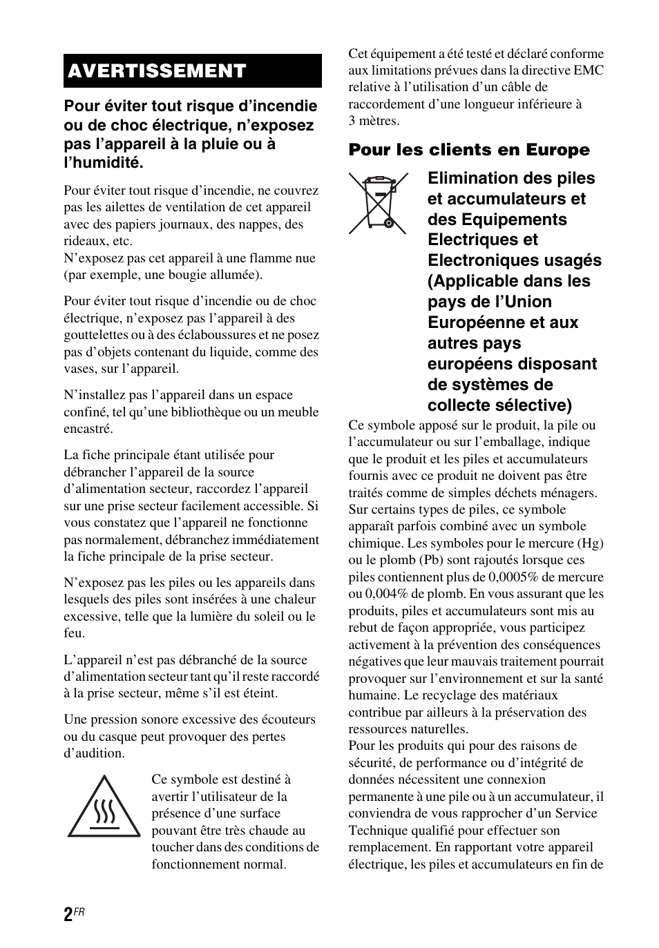 Avertissement | Sony STR-DH750 User Manual | Page 10 / 68