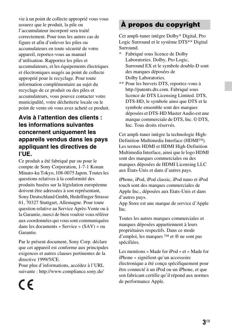 À propos du copyright | Sony STR-DH750 User Manual | Page 11 / 68