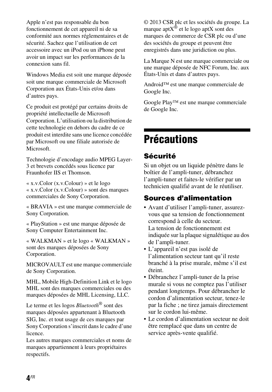 Précautions | Sony STR-DH750 User Manual | Page 12 / 68