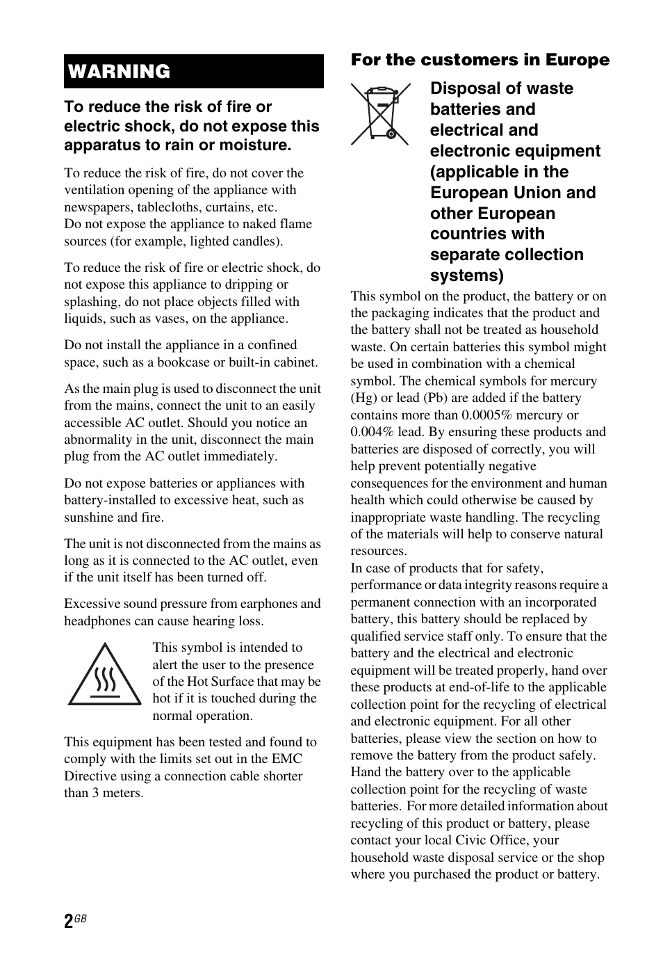 Warning | Sony STR-DH750 User Manual | Page 2 / 68