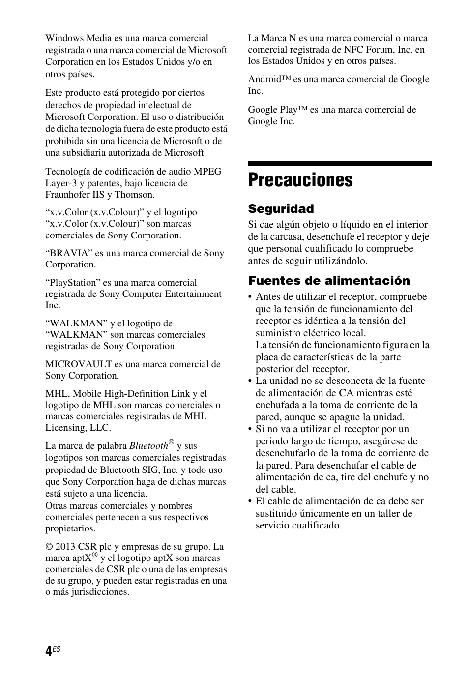 Precauciones | Sony STR-DH750 User Manual | Page 22 / 68