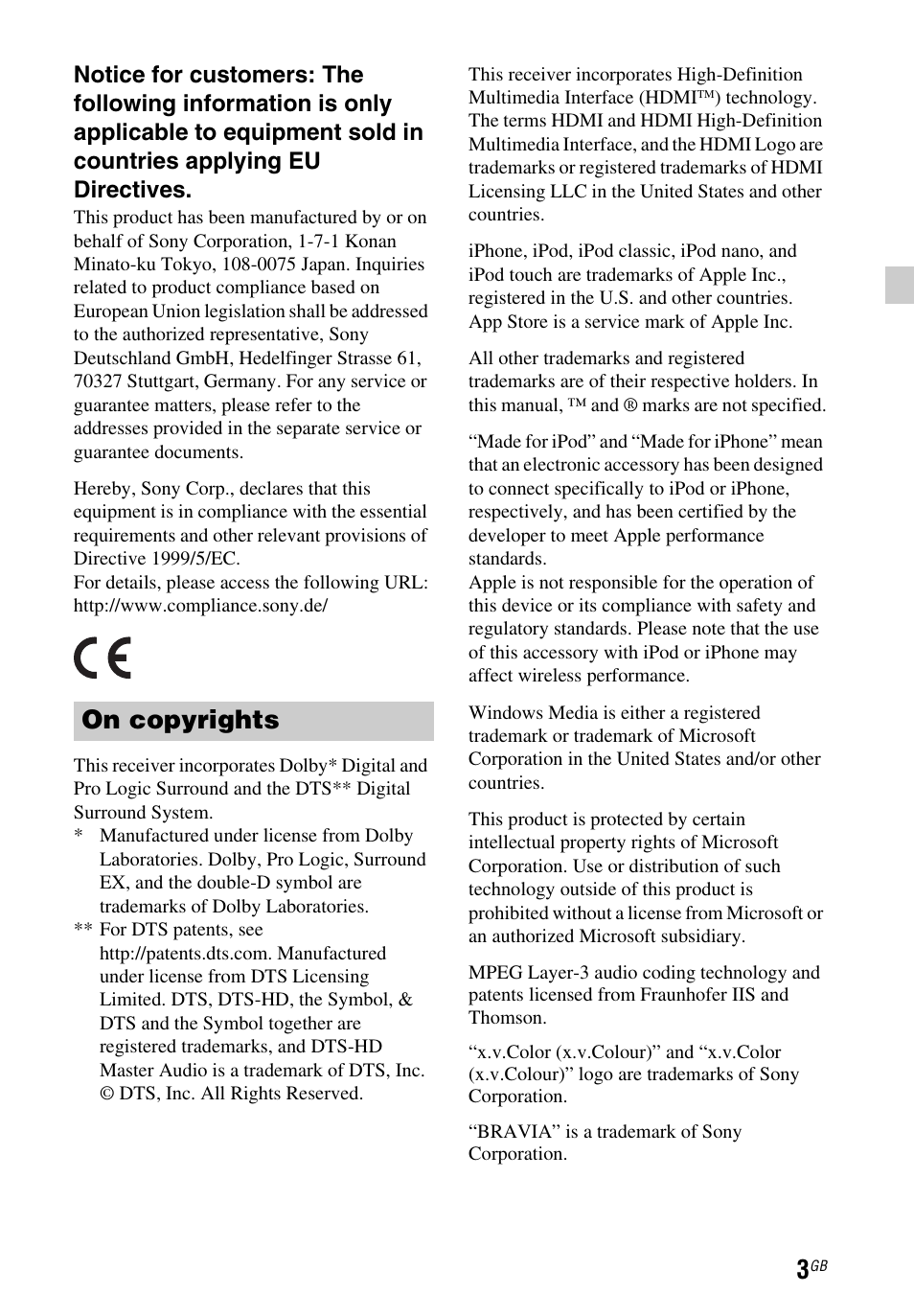 On copyrights | Sony STR-DH750 User Manual | Page 3 / 68