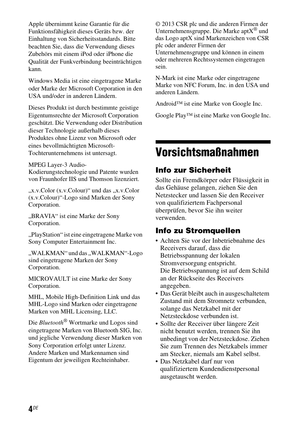 Vorsichtsmaßnahmen | Sony STR-DH750 User Manual | Page 32 / 68