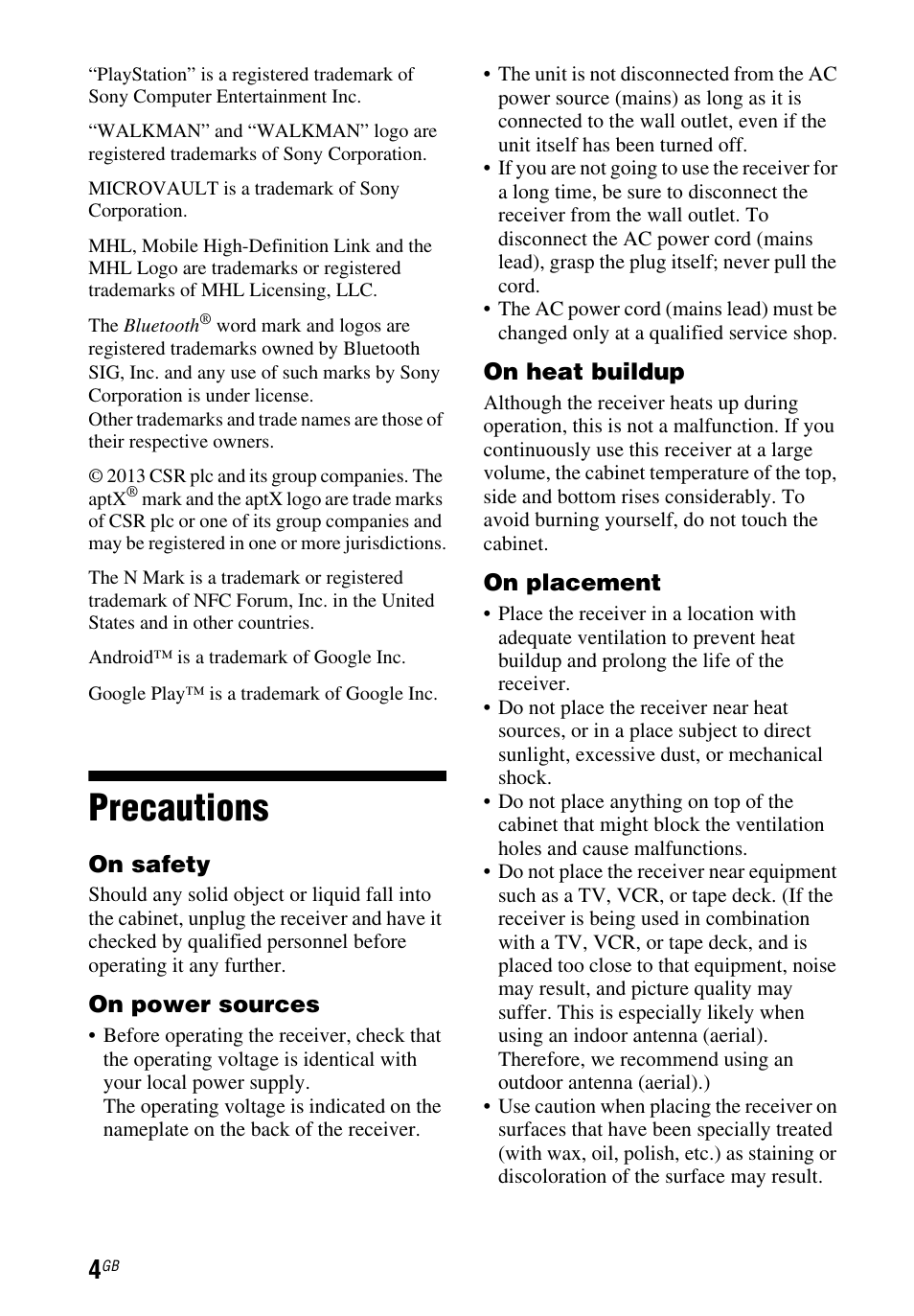 Precautions | Sony STR-DH750 User Manual | Page 4 / 68