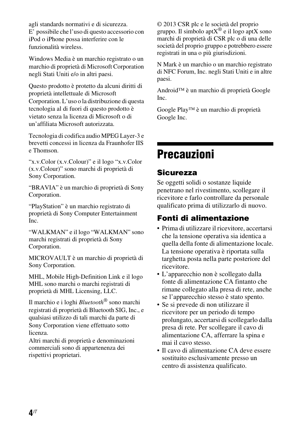 Precauzioni | Sony STR-DH750 User Manual | Page 52 / 68