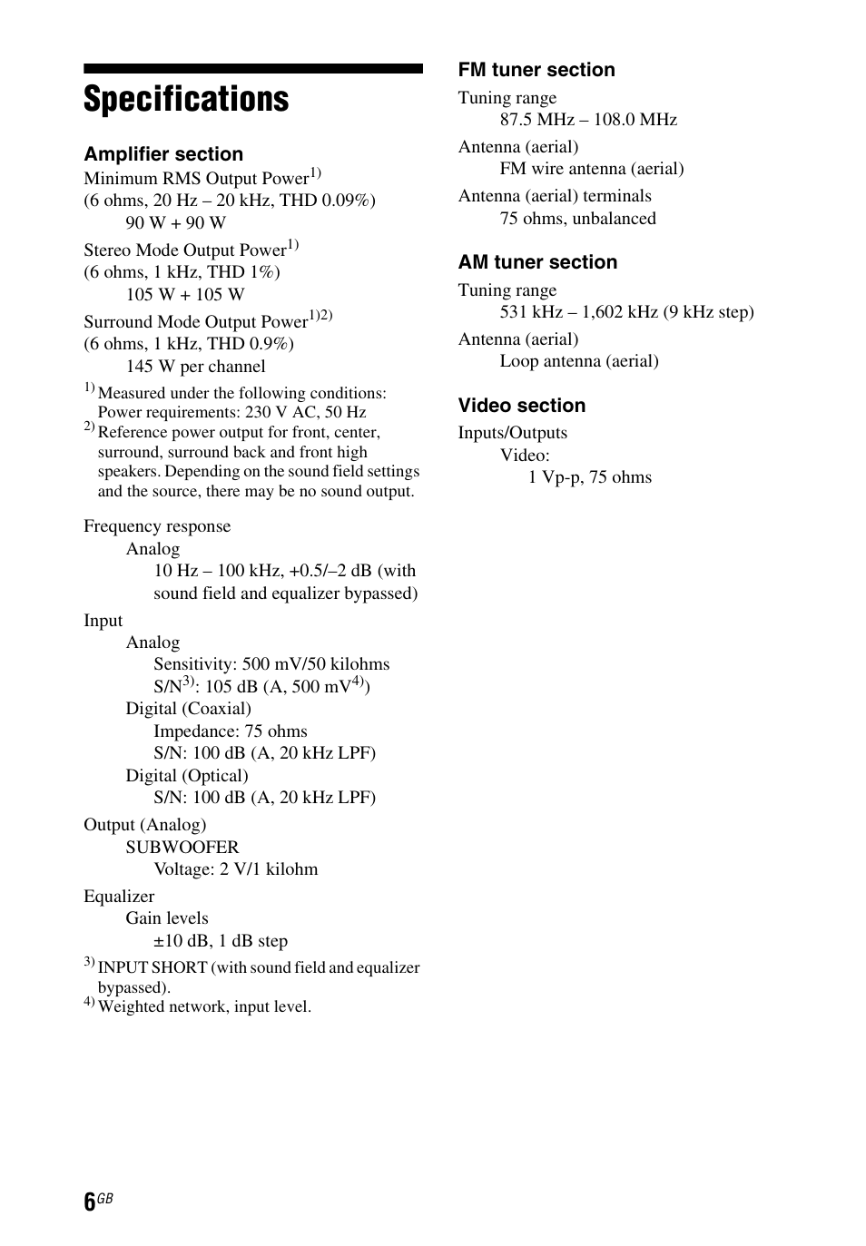 Specifications | Sony STR-DH750 User Manual | Page 6 / 68