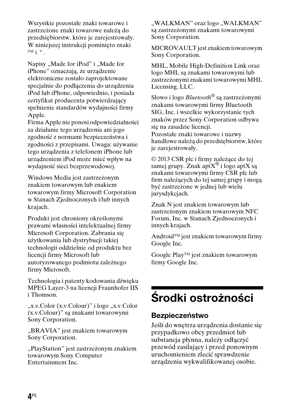 Środki ostrożności | Sony STR-DH750 User Manual | Page 62 / 68