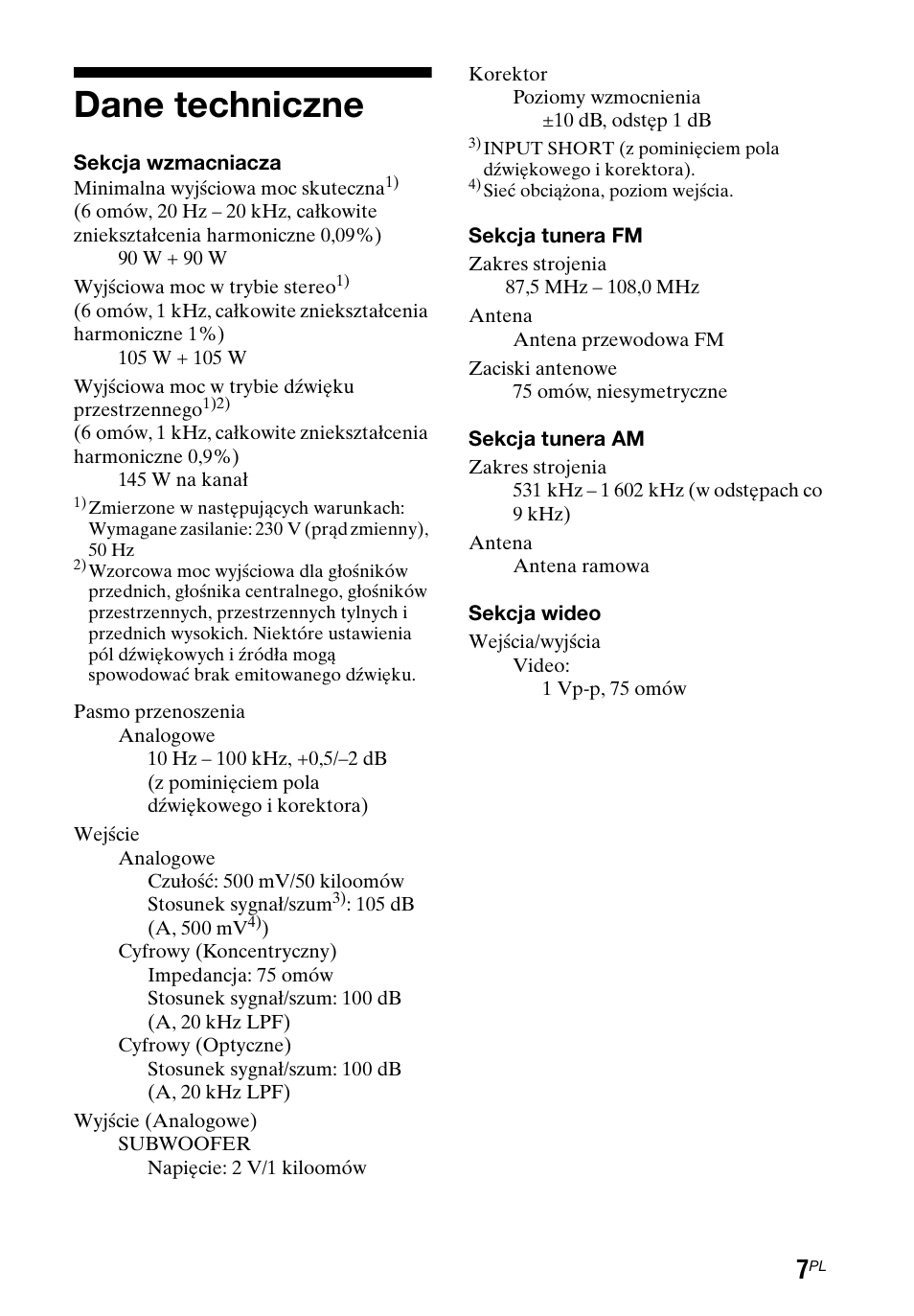 Dane techniczne | Sony STR-DH750 User Manual | Page 65 / 68