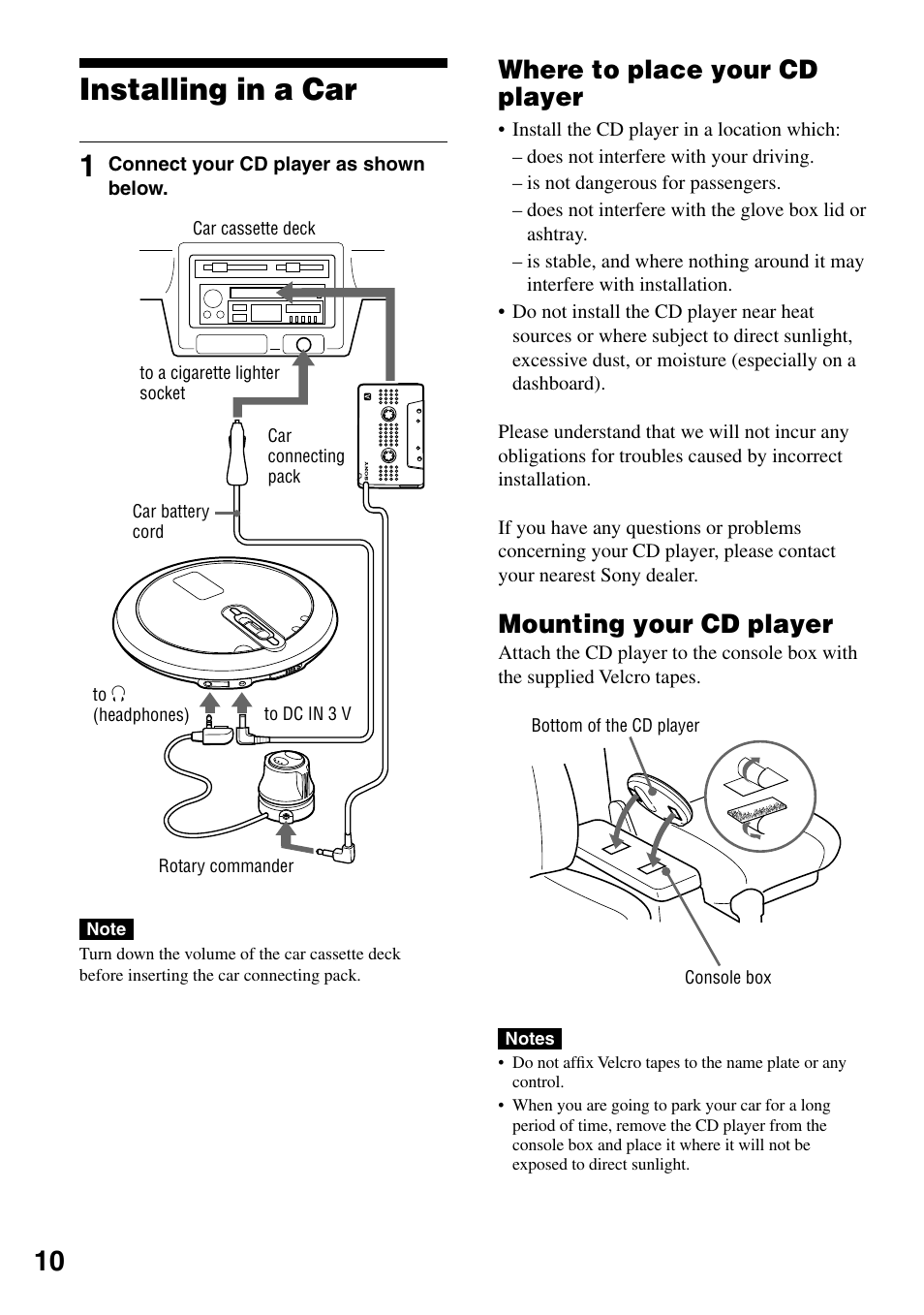 Installing in a car, Where to place your cd player, Mounting your cd player | Installing in a car 1 | Sony D-NE336CK User Manual | Page 10 / 36