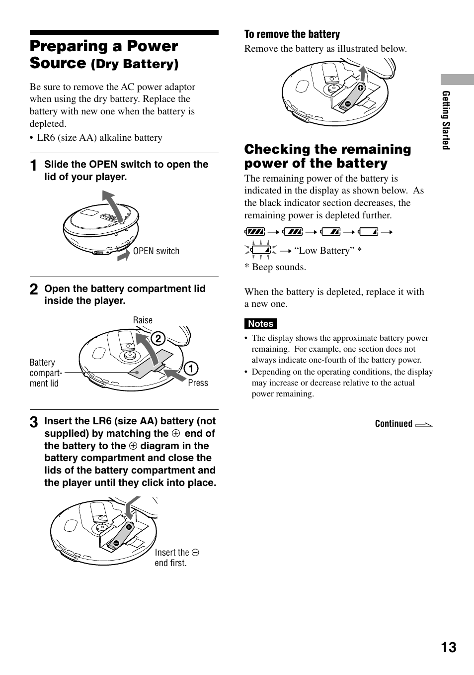 Preparing a power source (dry battery), Checking the remaining power of the battery, Preparing a power source | Dry battery), Checking the remaining power of the, Battery | Sony D-NE336CK User Manual | Page 13 / 36