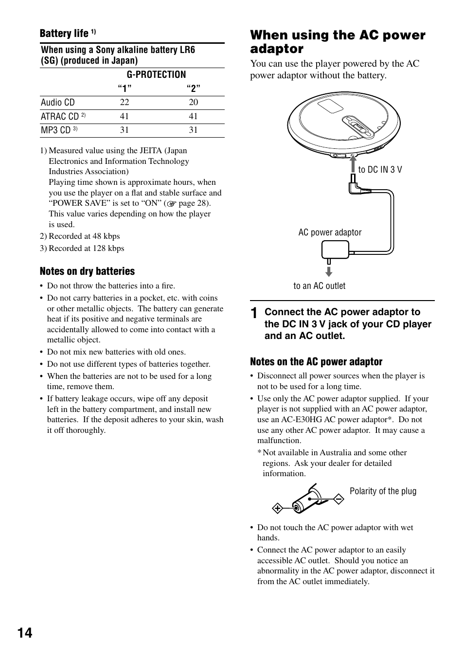 When using the ac power adaptor | Sony D-NE336CK User Manual | Page 14 / 36