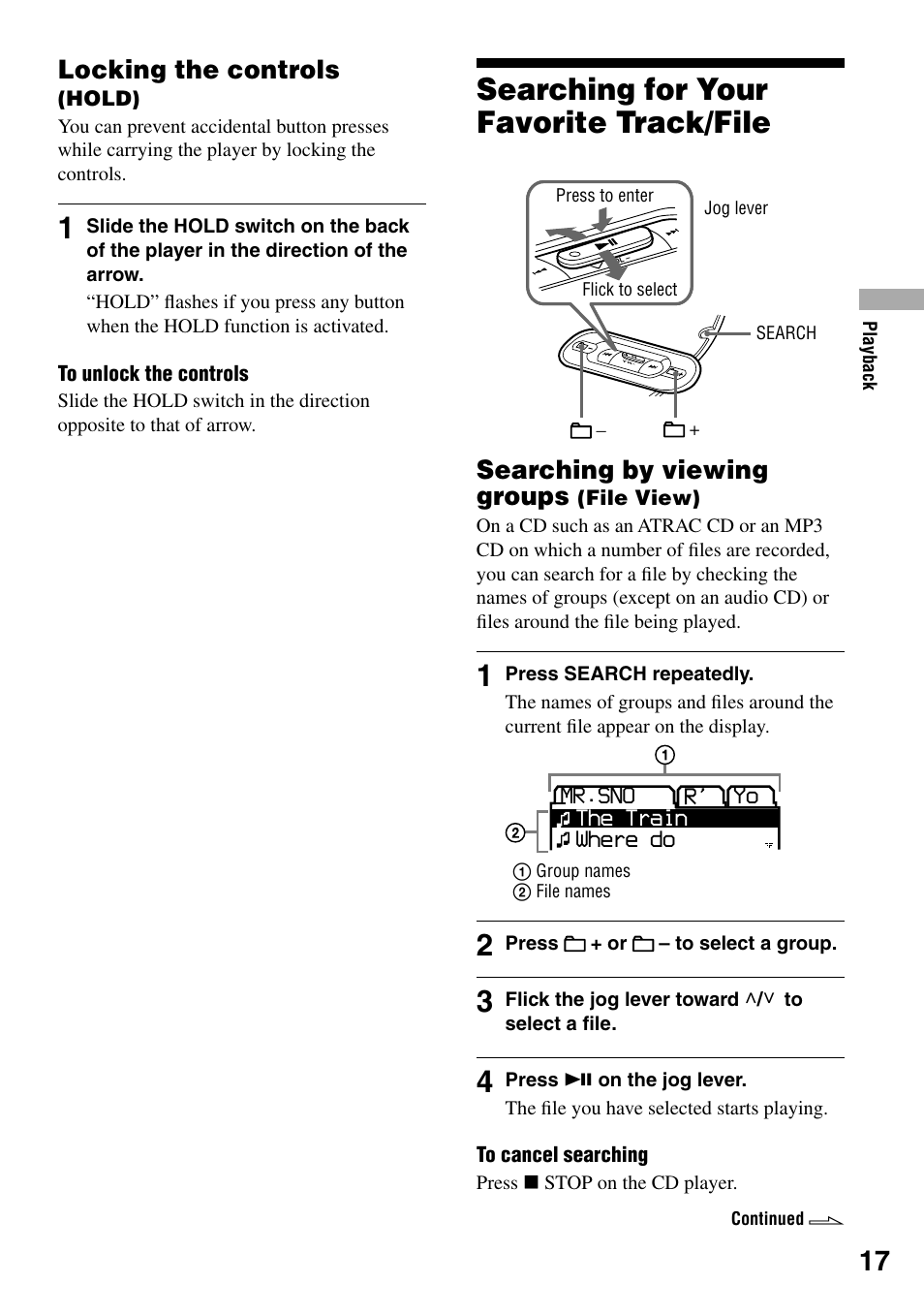 Locking the controls (hold), Searching for your favorite track/file, Searching by viewing groups (file view) | Searching for your favorite, Track/file, Searching by viewing groups, File view), Locking the controls | Sony D-NE336CK User Manual | Page 17 / 36