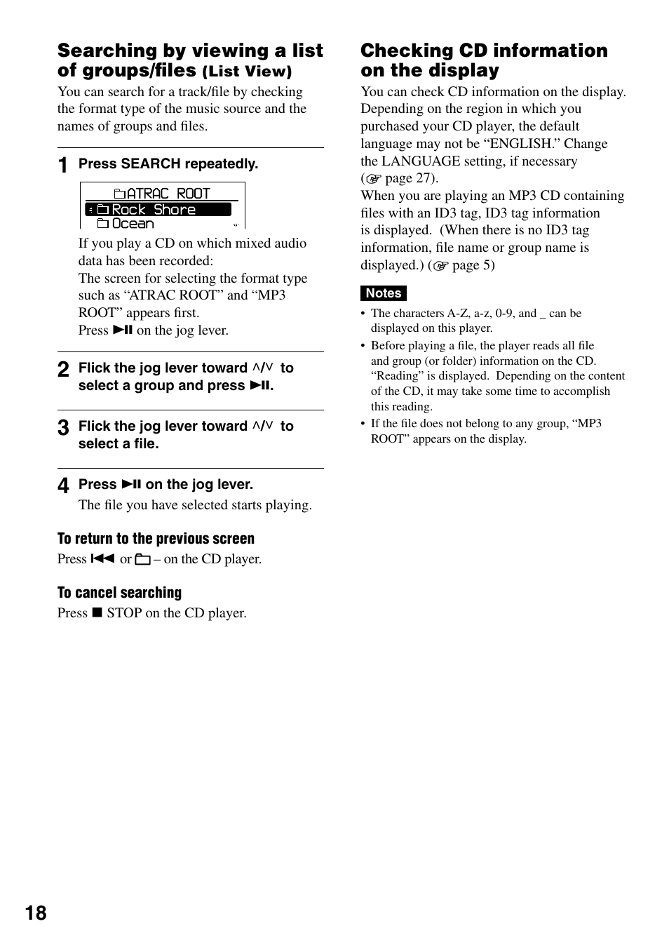 Checking cd information on the display, Searching by viewing a list of, Groups/ﬁles (list view) | Checking cd information on, The display, Searching by viewing a list of groups/ﬁles | Sony D-NE336CK User Manual | Page 18 / 36