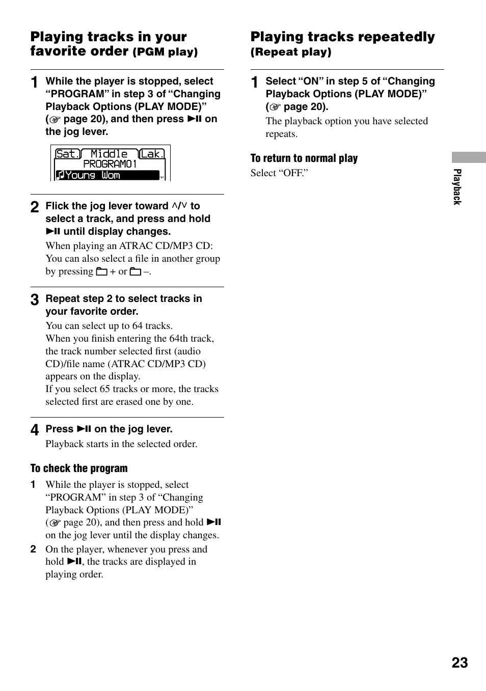 Playing tracks in your favorite order (pgm play), Playing tracks repeatedly (repeat play), Playing tracks in your favorite order | Pgm play), Playing tracks repeatedly | Sony D-NE336CK User Manual | Page 23 / 36
