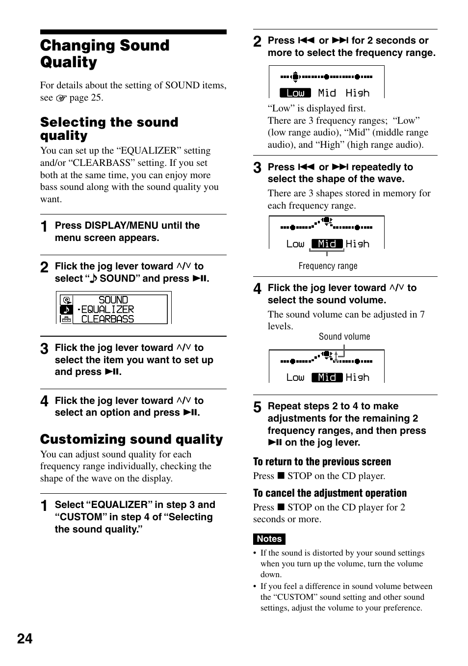 Changing sound quality, Selecting the sound quality, Customizing sound quality | Sony D-NE336CK User Manual | Page 24 / 36