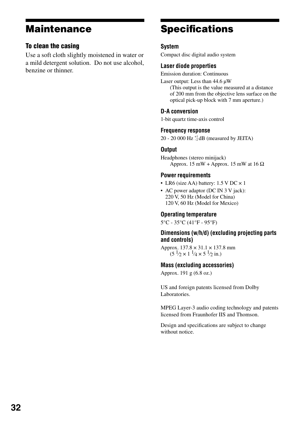 Maintenance, Specifications, Maintenance speciﬁcations | Speciﬁcations | Sony D-NE336CK User Manual | Page 32 / 36