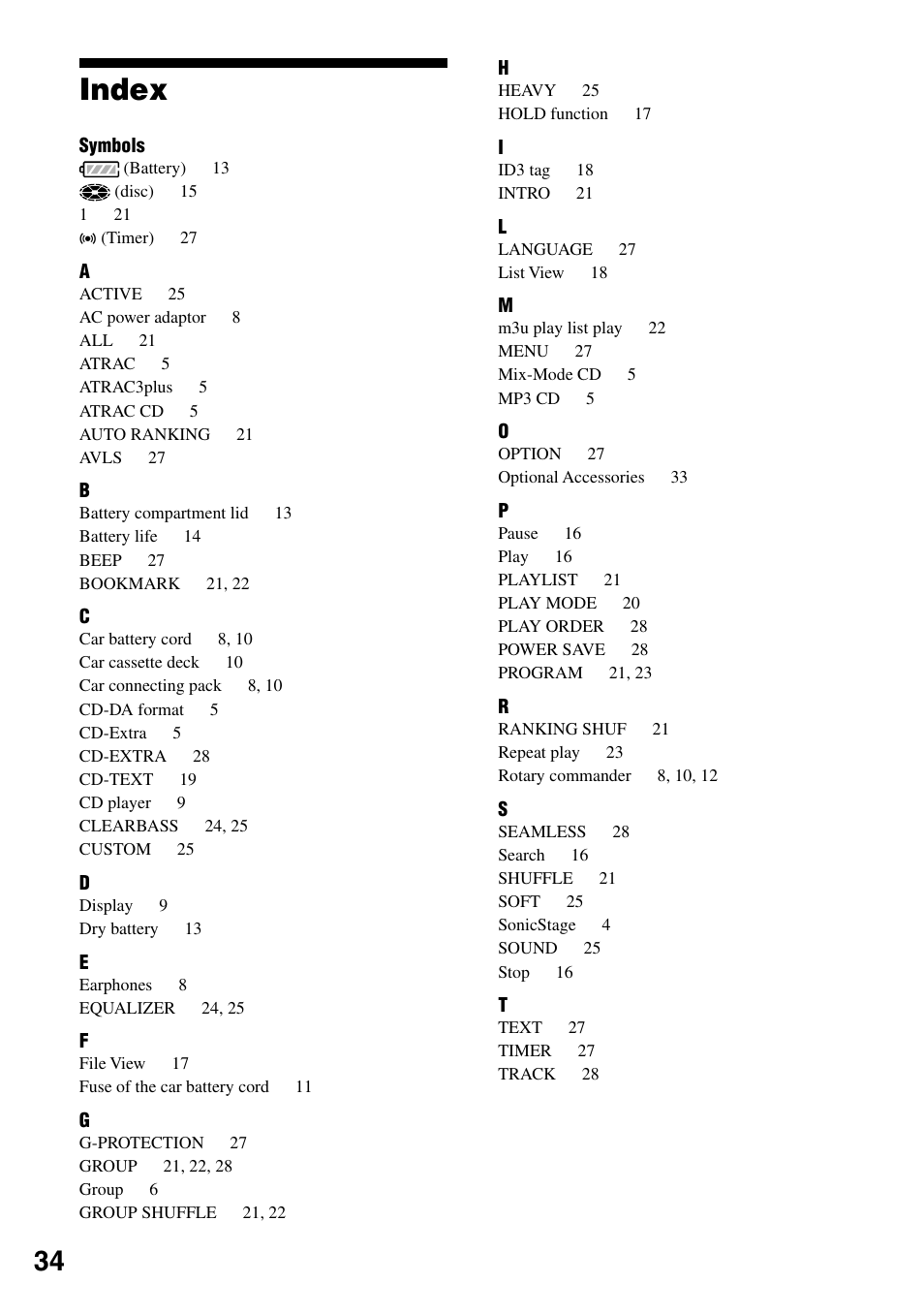 Index | Sony D-NE336CK User Manual | Page 34 / 36