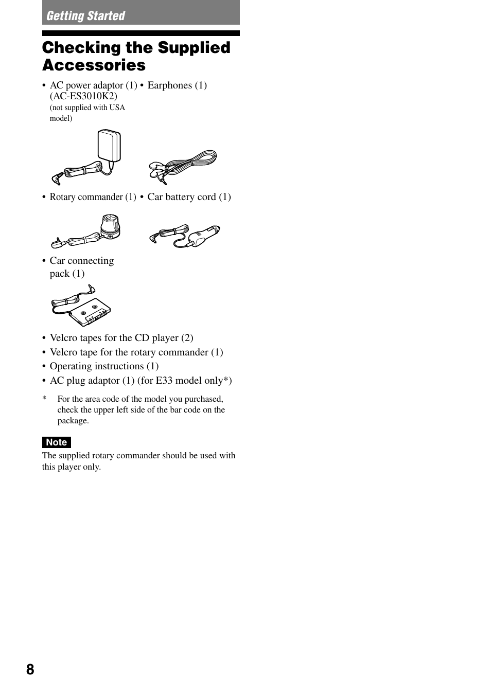 Getting started, Checking the supplied accessories | Sony D-NE336CK User Manual | Page 8 / 36