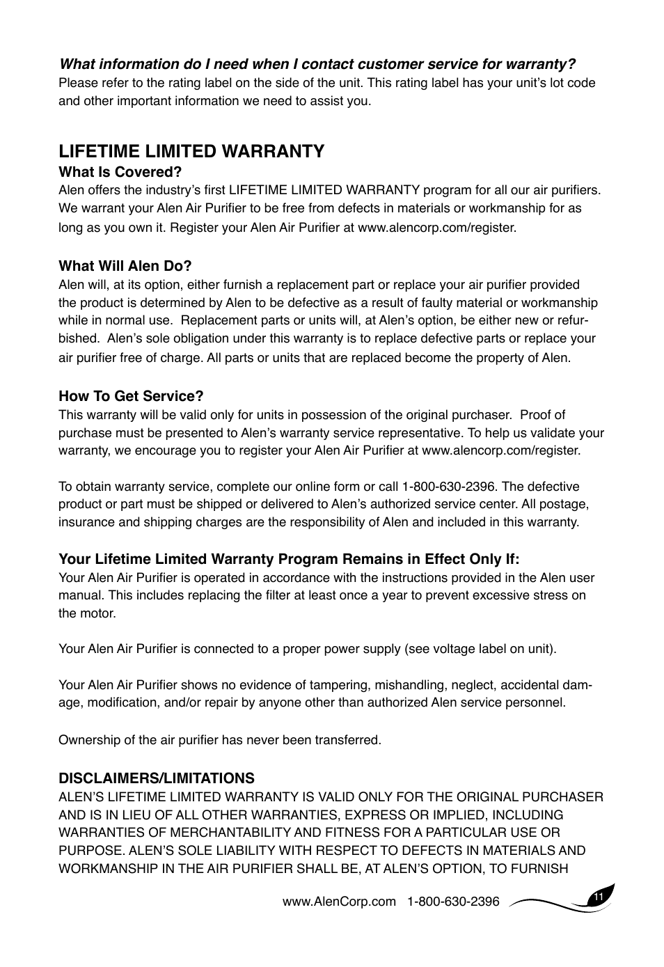 Lifetime limited warranty | Alen T300 User Manual | Page 10 / 12