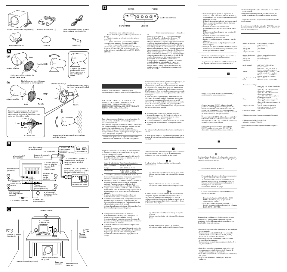 Front rear center/ woofer, On off power on off dual stereo min max | Sony SRS-D5100 User Manual | Page 2 / 2