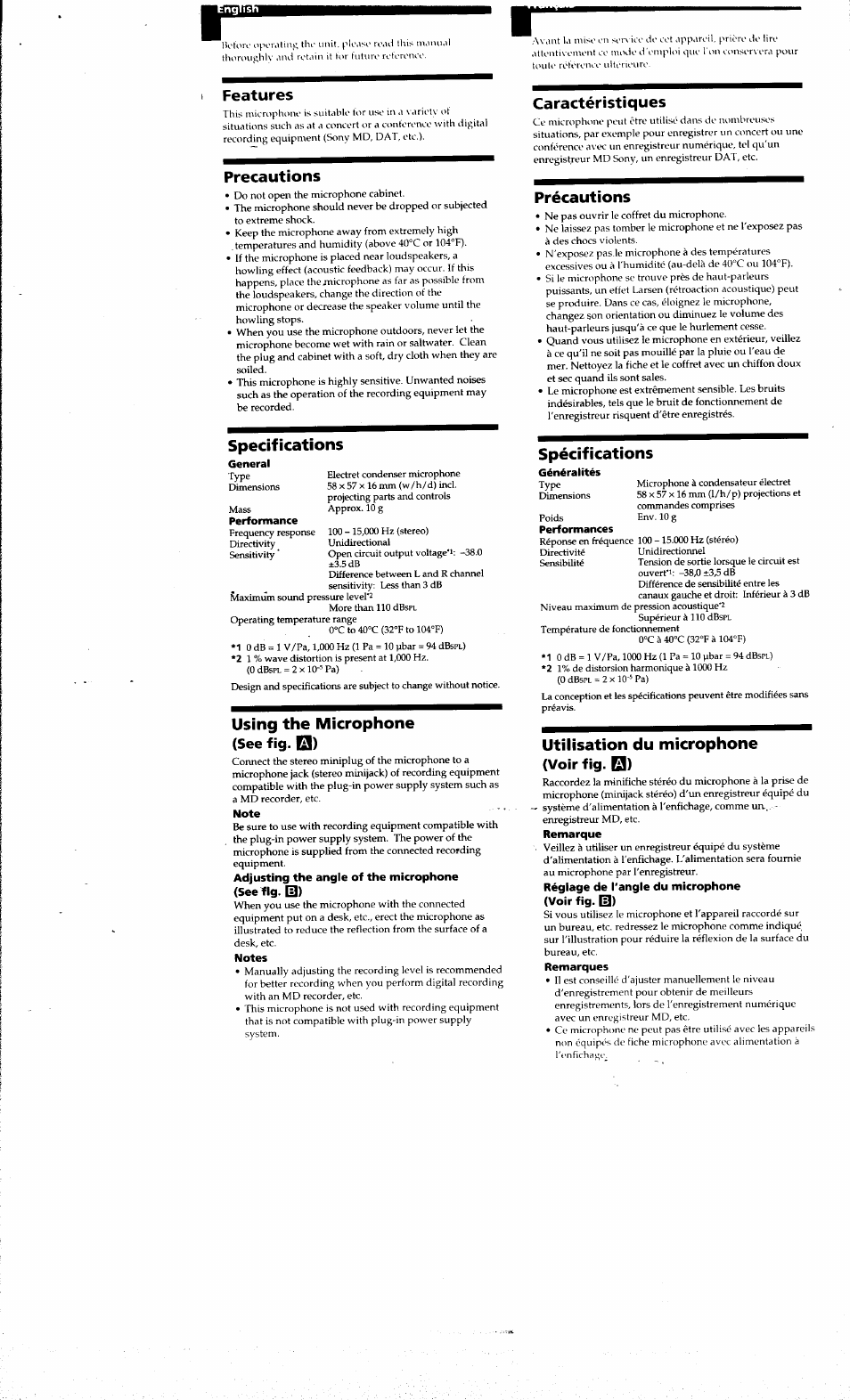 See fig. q), I features, Precautions | Specifications, Using the microphone, Caractéristiques, Précautions, Spécifications, Utilisation du microphone, Voir fig | Sony ECM DS70P User Manual | Page 2 / 6