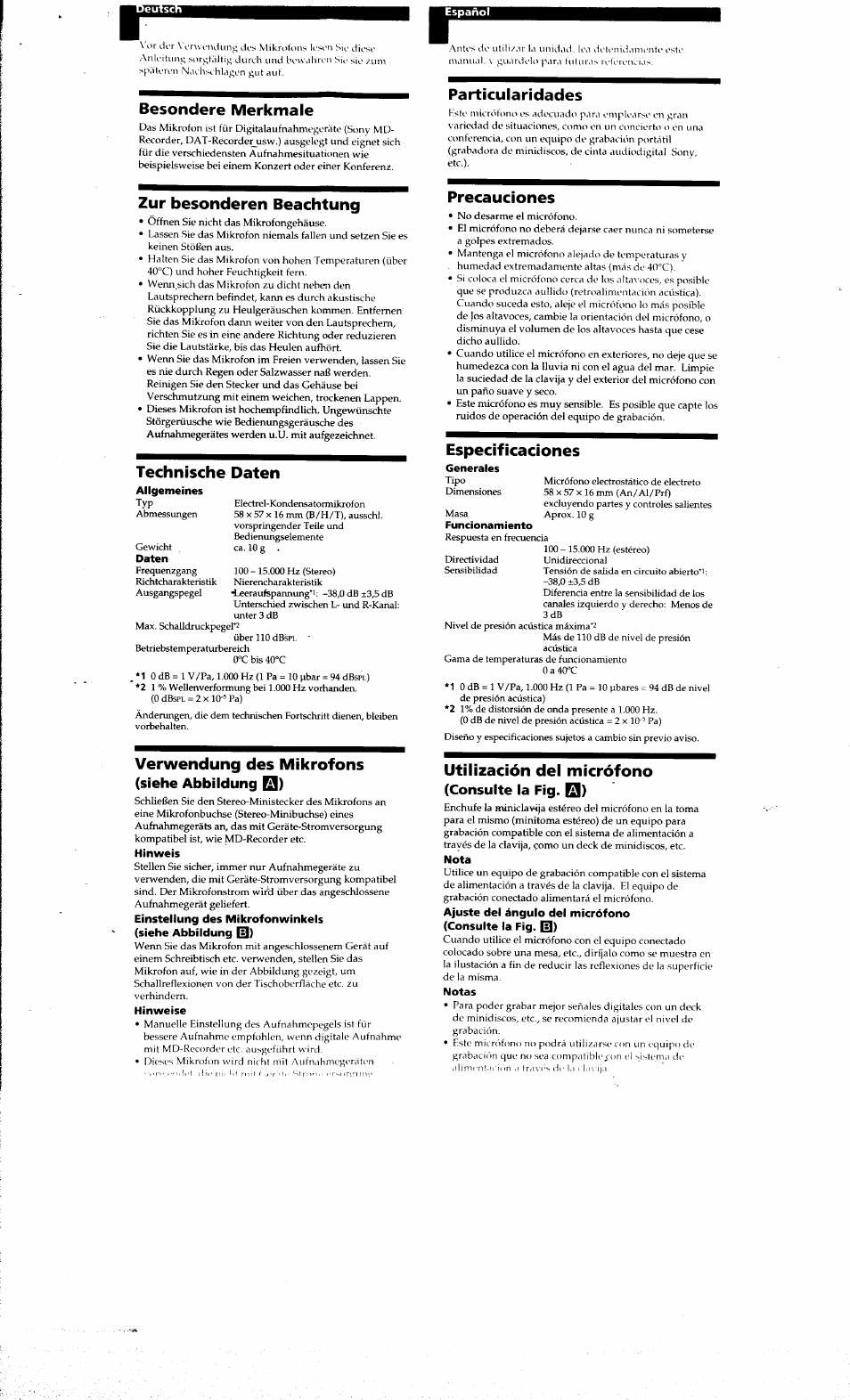 Siehe abbildung q), Besondere merkmale, Particularidades | Zur besonderen beachtung, Technische daten, Verwendung des mikrofons, Precauciones, Especificaciones, Utilización del micrófono, Consulte la fig. q) | Sony ECM DS70P User Manual | Page 3 / 6