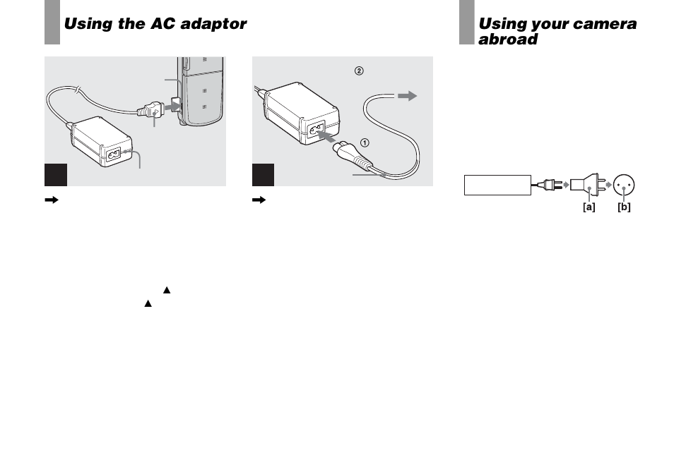 Using the ac adaptor, Using your camera abroad, Using the ac adaptor using your camera abroad | Sony DSC-M1 User Manual | Page 18 / 132