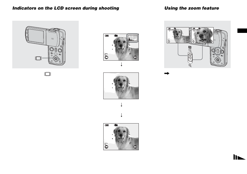 Indicators on the lcd screen during shooting, Using the zoom feature, Indicators on the lcd screen during | Shooting | Sony DSC-M1 User Manual | Page 35 / 132