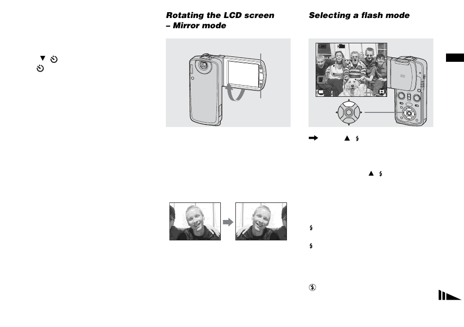 Rotating the lcd screen – mirror mode, Selecting a flash mode, Rotating the lcd screen | Mirror mode, Flash | Sony DSC-M1 User Manual | Page 39 / 132