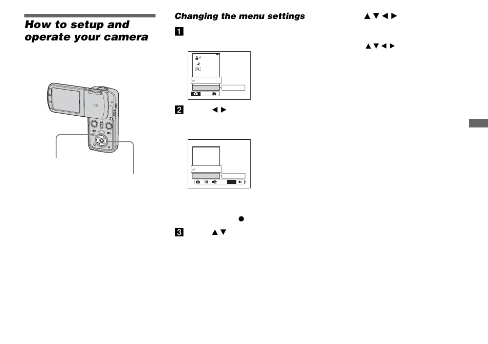 Before advanced operations, How to setup and operate your camera, Changing the menu settings | Ages 53 an | Sony DSC-M1 User Manual | Page 53 / 132