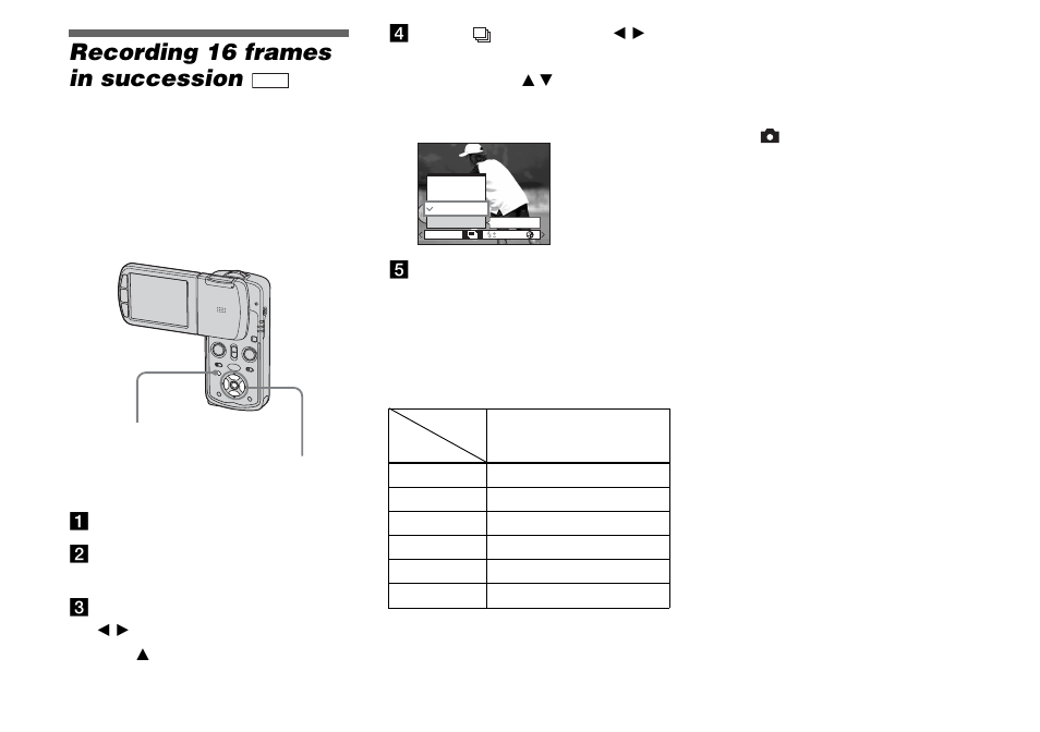 Recording 16 frames in succession, Multi burst | Sony DSC-M1 User Manual | Page 66 / 132