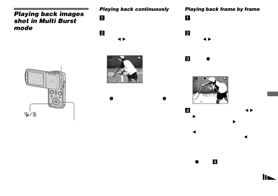 Playing back images shot in multi burst mode, Playing back continuously, Playing back frame by frame | Playing back images shot in multi burst, Mode | Sony DSC-M1 User Manual | Page 75 / 132