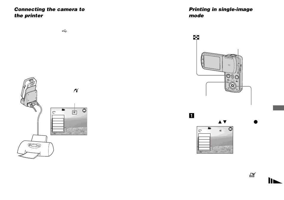 Connecting the camera to the printer, Printing in single-image mode | Sony DSC-M1 User Manual | Page 81 / 132