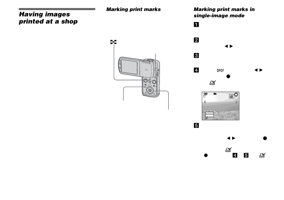 Having images printed at a shop, Marking print marks, Marking print marks in single-image mode | Marking print marks in single-image, Mode | Sony DSC-M1 User Manual | Page 84 / 132