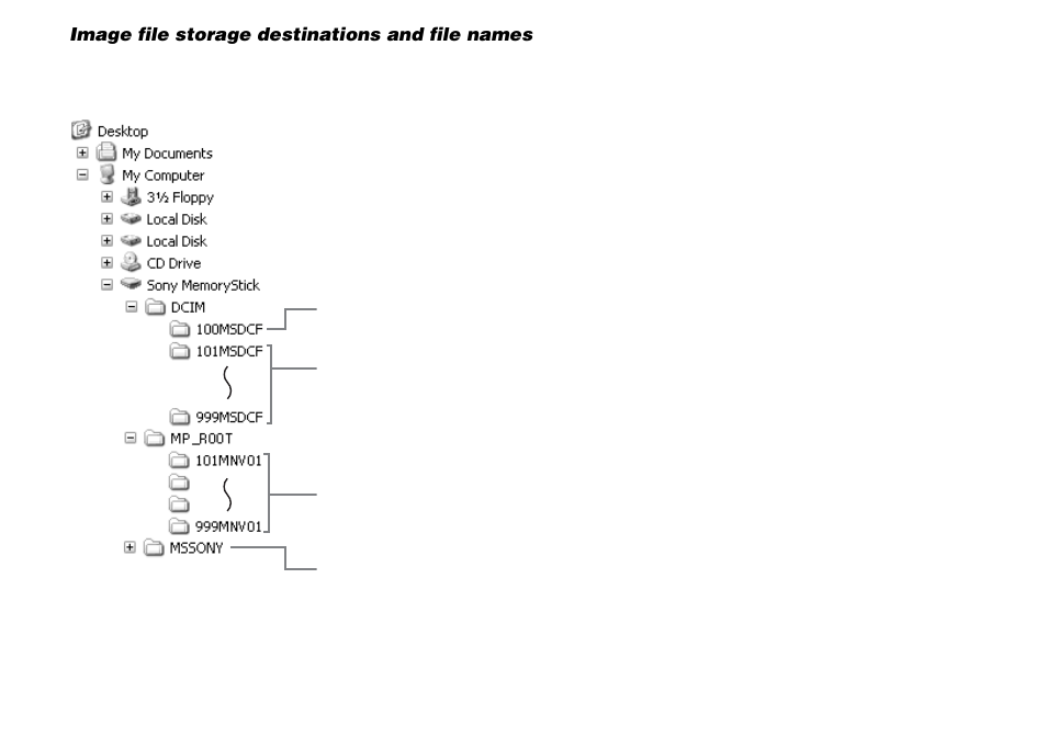 Image file storage destinations and file names, Image file storage destinations and file, Names | Sony DSC-M1 User Manual | Page 92 / 132