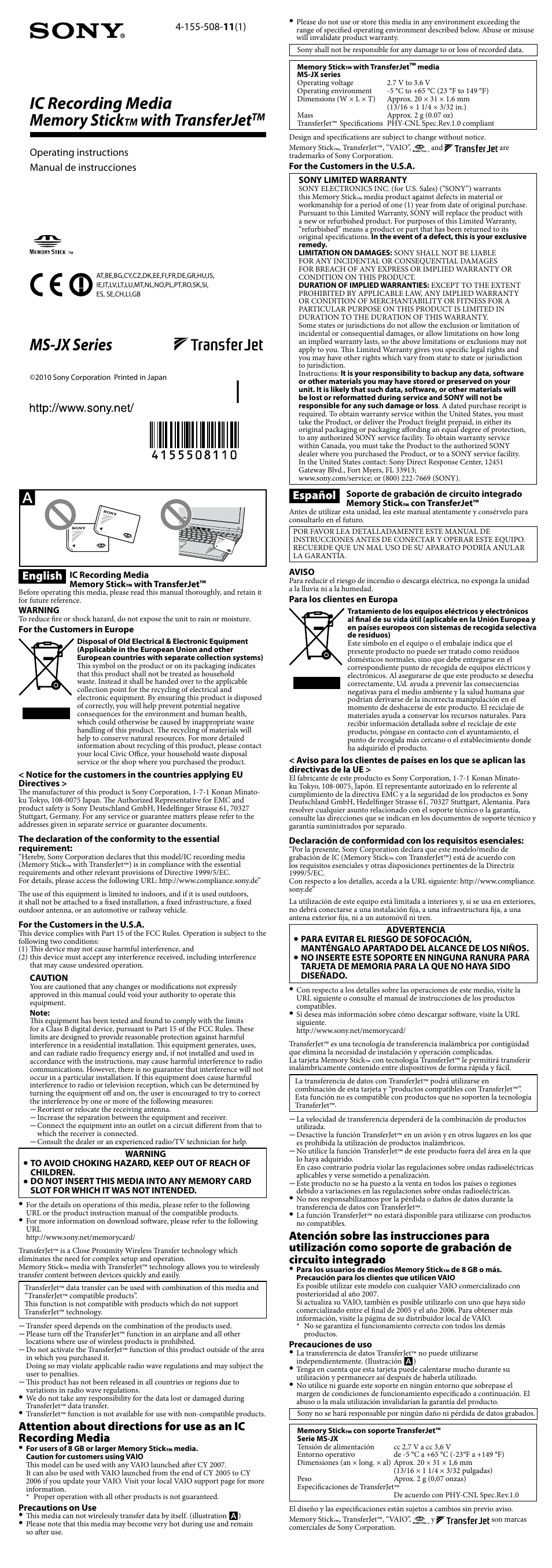 Sony MS-JX8G User Manual | 1 page