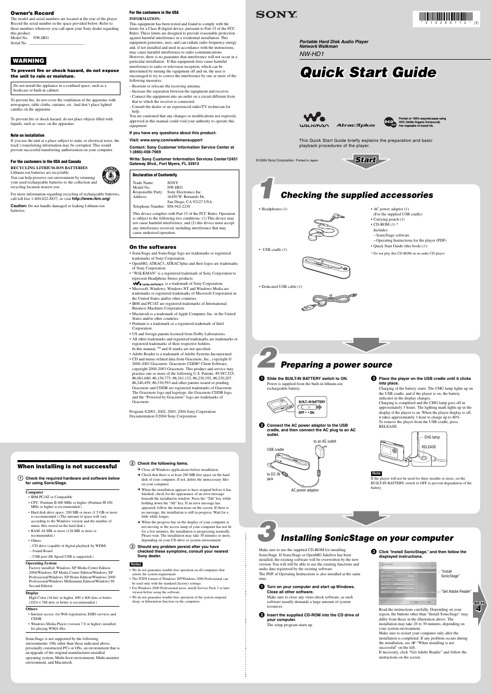 Sony NW-HD1 User Manual | 2 pages