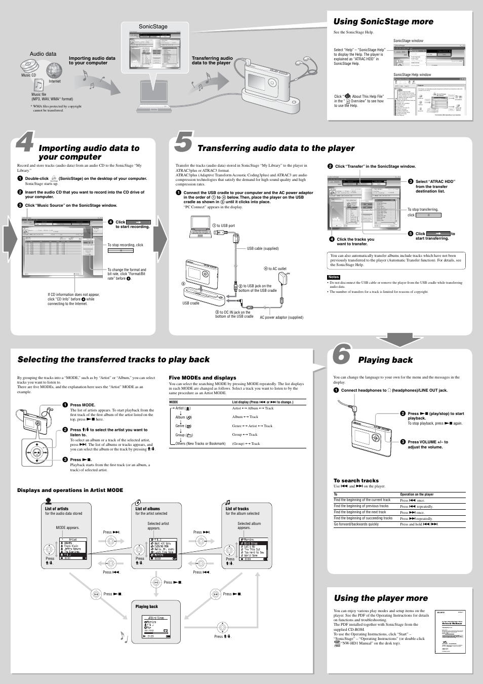 Playing back, Using the player more, Selecting the transferred tracks to play back | Importing audio data to your computer | Sony NW-HD1 User Manual | Page 2 / 2