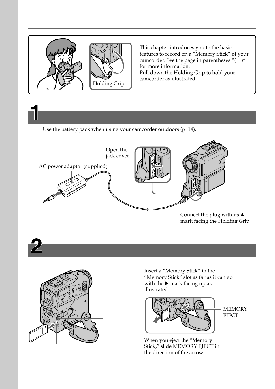 Recording on a “memory stick, Connecting the power cord | Sony DCR-PC101 User Manual | Page 10 / 224