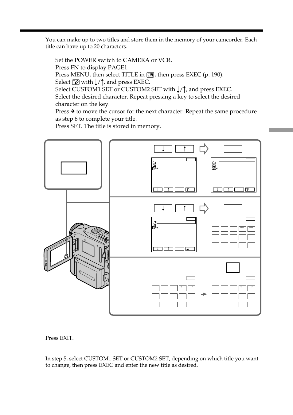 Making your own titles, Press exit, Exec | Sony DCR-PC101 User Manual | Page 109 / 224