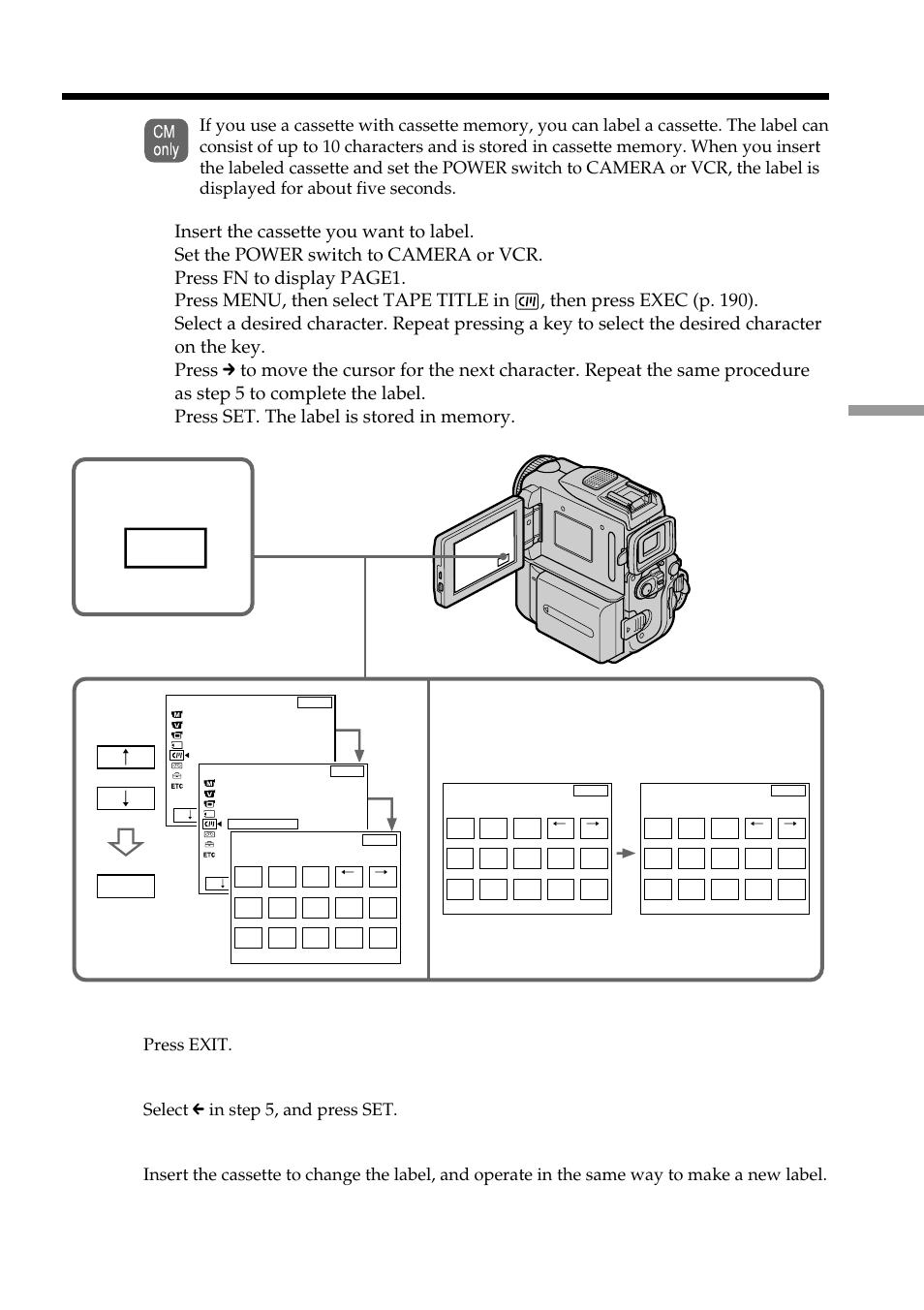 Labeling a cassette, Press exit, Select c in step 5, and press set | Sony DCR-PC101 User Manual | Page 111 / 224